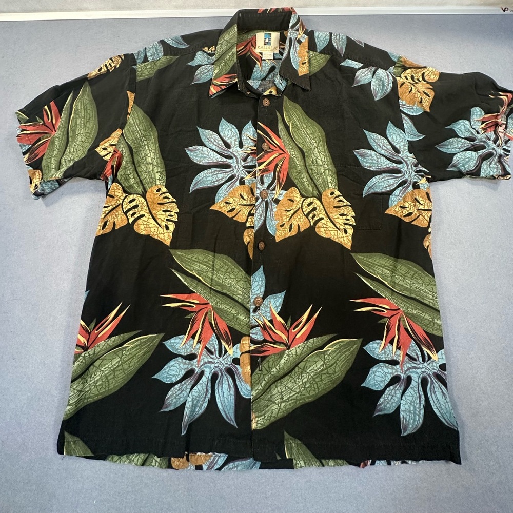 Kahala Mens Black Floral Button Up Hawaiian Shirt Large Made in Hawaii